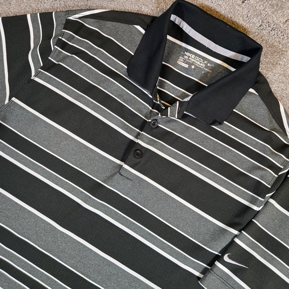 Nike Golf Performance Mens Large Black Gray Striped Short Sleeve Polo Dri-Fit